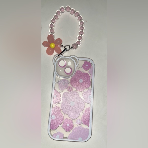 iPhone 13 transparent pink flower prints w/ cute wristlet charm phone case - Picture 4 of 4